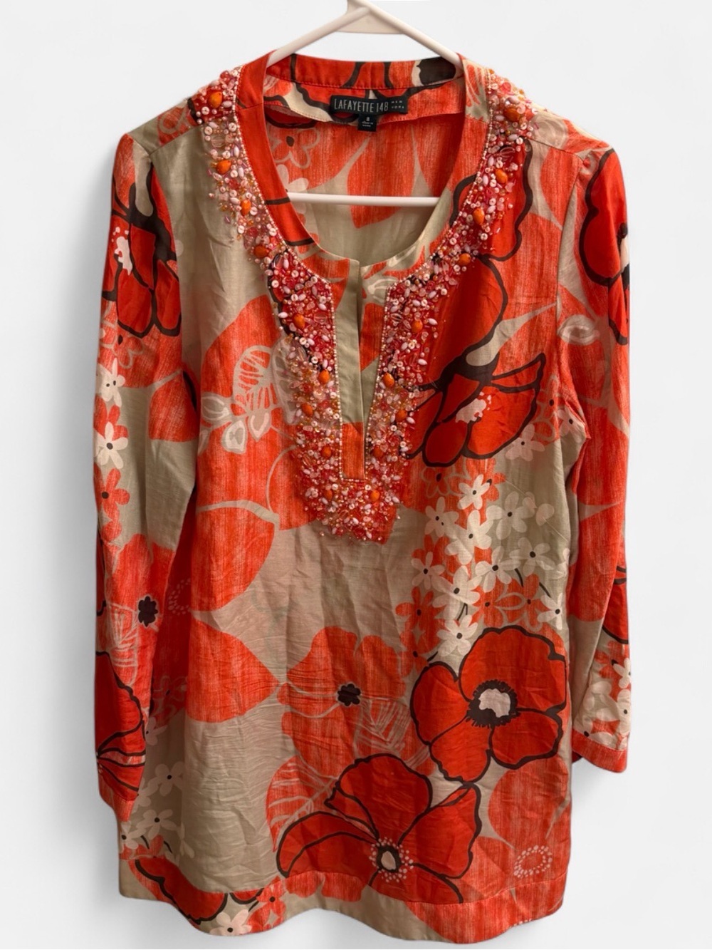 Lafayette 148 New York Orange and Cream Beaded Floral Tunic size 8